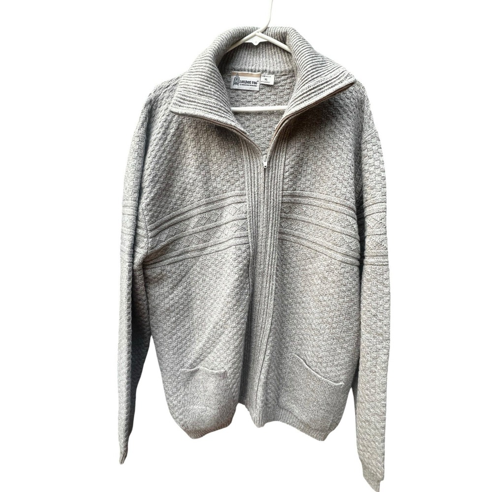 Vintage London Fog USA Full Zip Knit Sweater Cardigan Sand XL Mock Neck Textured